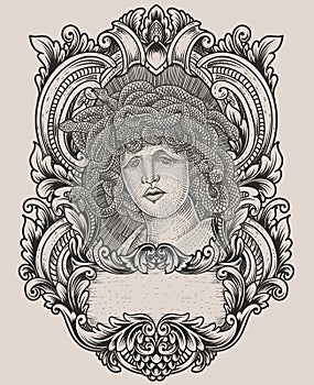 Illustration medusa head with engraving ornament frame