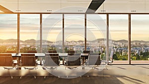 Illustration of meeting room nobody with city view at sunset