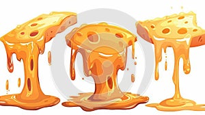 Illustration of melted cheese, cartoon mellow pieces with drip stretches, cheesy texture flow, melt food isolated on photo