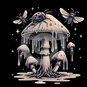 Illustration melted mushroom surrounded by insects vector