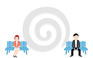 Illustration of men and women sitting separately on side by side bench