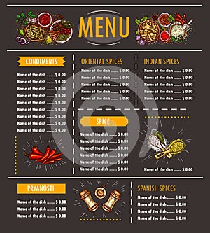 illustration of a menu with a special offer of various herbs, spices, seasonings and condiments