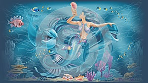 Illustration of a mermaid and dolphins