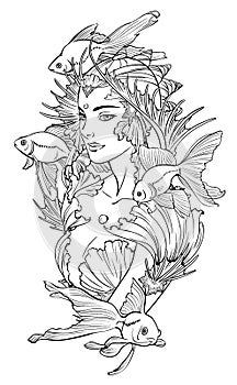 Illustration of mermaid princess and goldfishes.