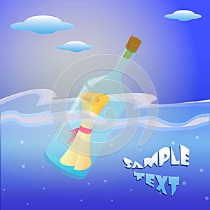 Illustration of message in the bottle on sea. Wishes in a bottle