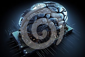 Illustration of a metallic brain on a microchip, a concept of artificial intelligence