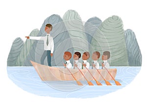 Illustration metaphor of teamwork business work. The symbol of the boss leading the corporation forward. Company on a boat led by