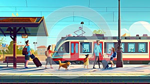 An illustration of a metro waiting terminal with passengers, a dog, baggage, a woman with a baby, and a couple standing