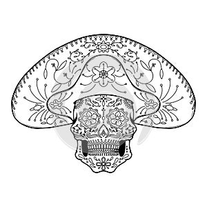 Illustration of mexican sugar skull in traditional sombrero. Day of the dead. Dia de los muertos.