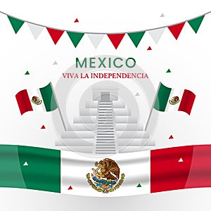 Illustration of Mexico independence day with aztec pyramid landmark