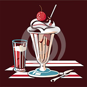 Illustration of a milkshake with whipped cream and cherry. generative AI