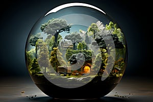 An illustration with a miniature, idyllic world encapsulated within a clear glass sphere