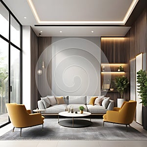 Minimal modern home with living room and dining room design, wall mockup on bright interior background, 3d render.