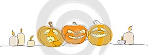 Isolated vector drawing with pumpkins and candles in one line for Halloween