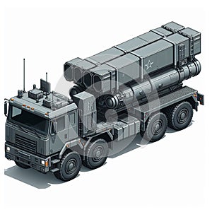 illustration of a missile launcher MLRS truck in the form of an isometric object, isolated on a white background 23