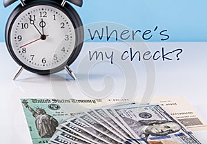 Illustration of missing federal stimulus payment check with cash and alarm clock