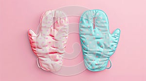 An illustration of mittens and potholders for the kitchen, made from fabric. A template featuring textile oven mitts and