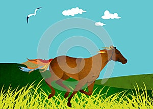 Illustration Mix media of a horse galloping in an open field.