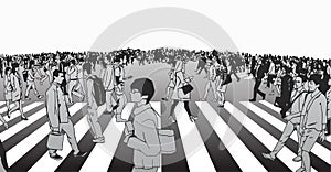 Illustration of mixed ethnic crowd crossing street on zebra