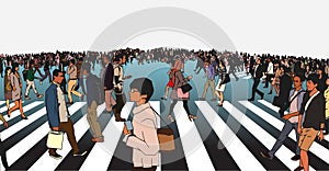 Illustration of mixed ethnic crowd crossing street on zebra