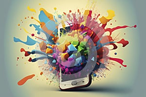 Illustration of a Mobile Phone with a Colourful Design and Variety of Apps Coming Out of It