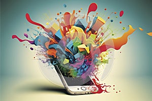 Illustration of a Mobile Phone with a Colourful Design and Variety of Apps Coming Out of It