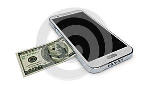 Illustration of Mobile phone and money on white background. Concept of payment and savings.