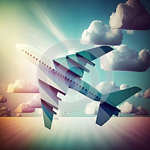 Illustration of modern airplane made from rudders above clouds