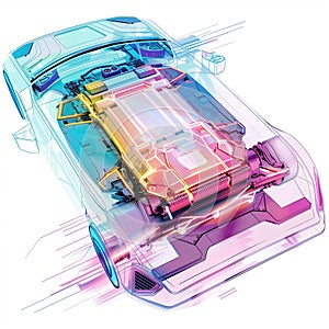 Illustration of modern battery pack in a fictional modern car.