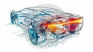 Illustration of modern battery pack in a fictional modern car.