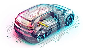 Illustration of modern battery pack in a fictional modern car.