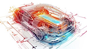 Illustration of modern battery pack in a fictional modern car.