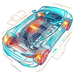 Illustration of modern battery pack in a fictional modern car.