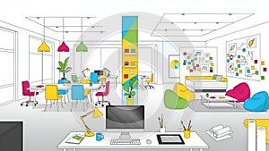 Creative Office Space Illustration Modern Workspace, Design, Collaboration