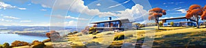 Illustration of modern design rustic houses overlooking the large lake