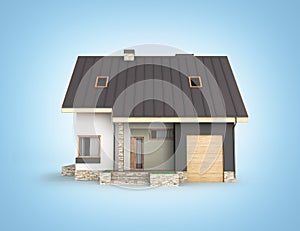 Illustration of a modern house with a garage side view isolated on blue gradient background 3d render