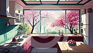 Illustration of a modern kitchen with a big window