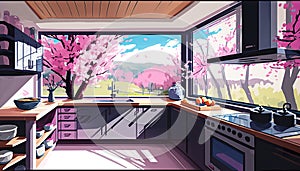 Illustration of a modern kitchen with a big window