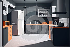 Illustration of a modern kitchen in gray and orange colors