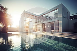Illustration of modern light house with big windows and swimming pool. Generative AI technology