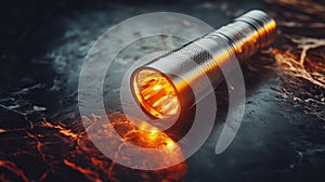 illustration of modern metallic flashlight on black background