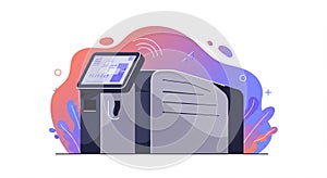 Illustration of a modern office printer with a touchscreen interface. The printer is gray