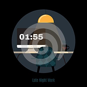 Illustration of modern office workspace. Freelance night.