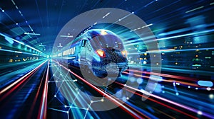 An illustration of a modern passenger train traveling through a tunnel aglow with colorful lights, creating a mesmerizing and