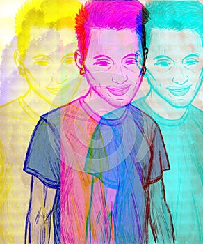 illustration. modern portrait of a charming young guy in a blue t-shirt who smiles and looks down embarrassedly in 3d colors,