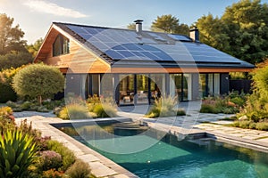 Illustration of modern sustainable house with big windows, swimming pool and solar panels on the roof, surrounded by trees and