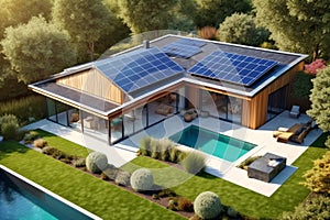 Illustration of modern sustainable house with big windows, swimming pool and solar panels on the roof, surrounded by trees and