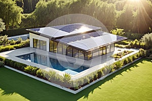 Illustration of modern sustainable house with big windows, swimming pool and solar panels on the roof, surrounded by trees and