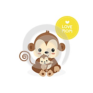 Illustration of mom and baby monkey cartoon for Mother`s day greeting card.