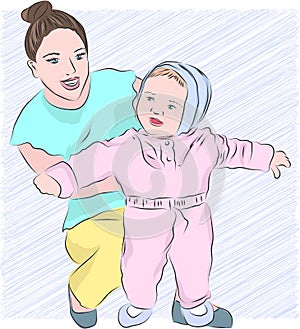 Illustration of a mom with a baby teaches a child to walk